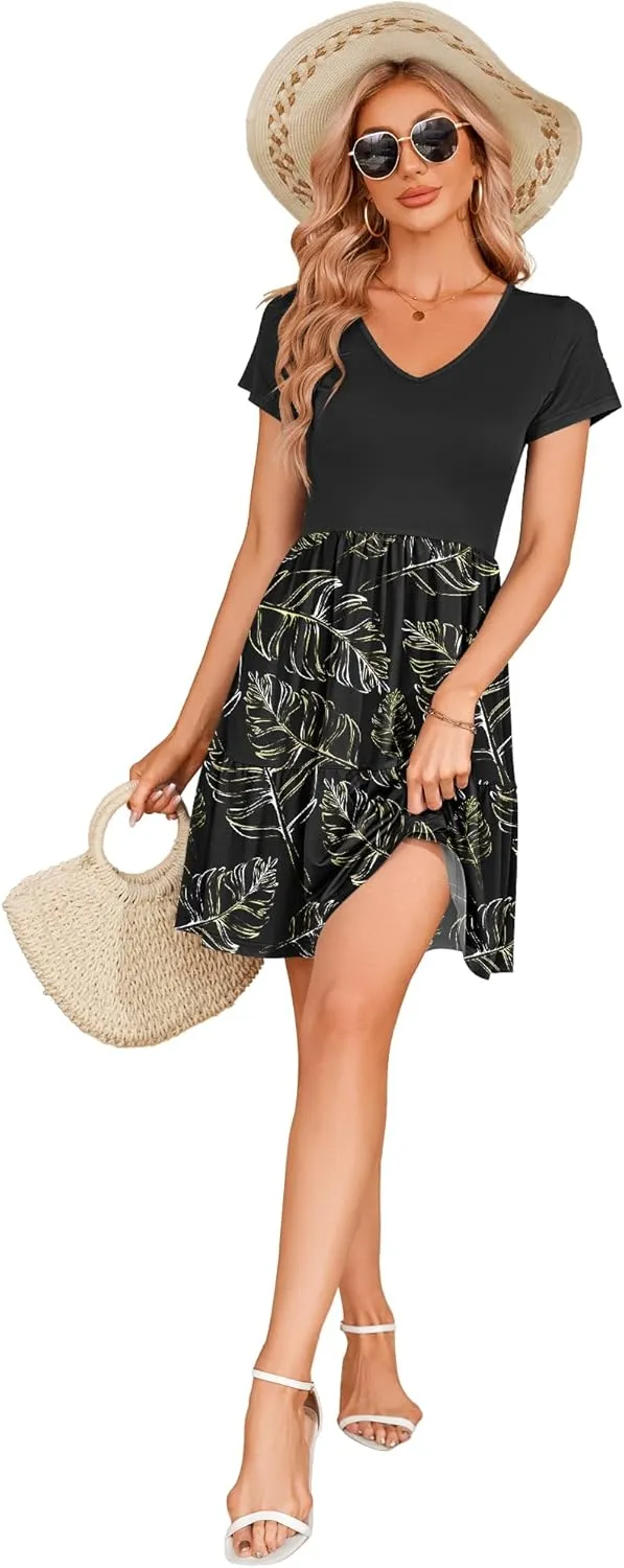 AUSELILY Women Summer Dress Casual Short Sleeve Sundress V Neck Floral Tiered Beach Dresses with Pockets