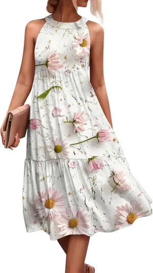 Azeralia Womens Spring Summer 2025 Sleeveless Casual Hanging Neck Beach Dresses Printed Loose Splicing Long Dress
