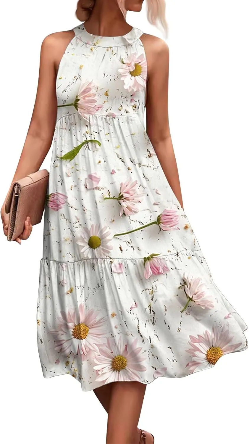Azeralia Womens Spring Summer 2025 Sleeveless Casual Hanging Neck Beach Dresses Printed Loose Splicing Long Dress