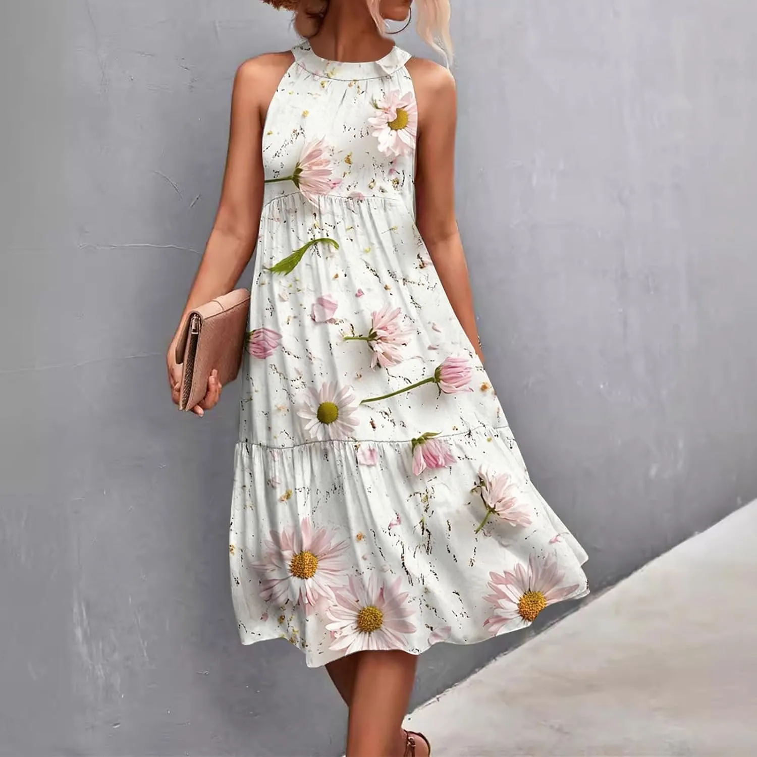 Azeralia Womens Spring Summer 2025 Sleeveless Casual Hanging Neck Beach Dresses Printed Loose Splicing Long Dress