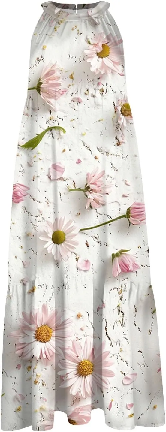 Azeralia Womens Spring Summer 2025 Sleeveless Casual Hanging Neck Beach Dresses Printed Loose Splicing Long Dress
