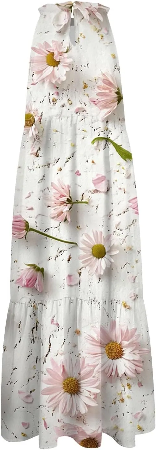 Azeralia Womens Spring Summer 2025 Sleeveless Casual Hanging Neck Beach Dresses Printed Loose Splicing Long Dress