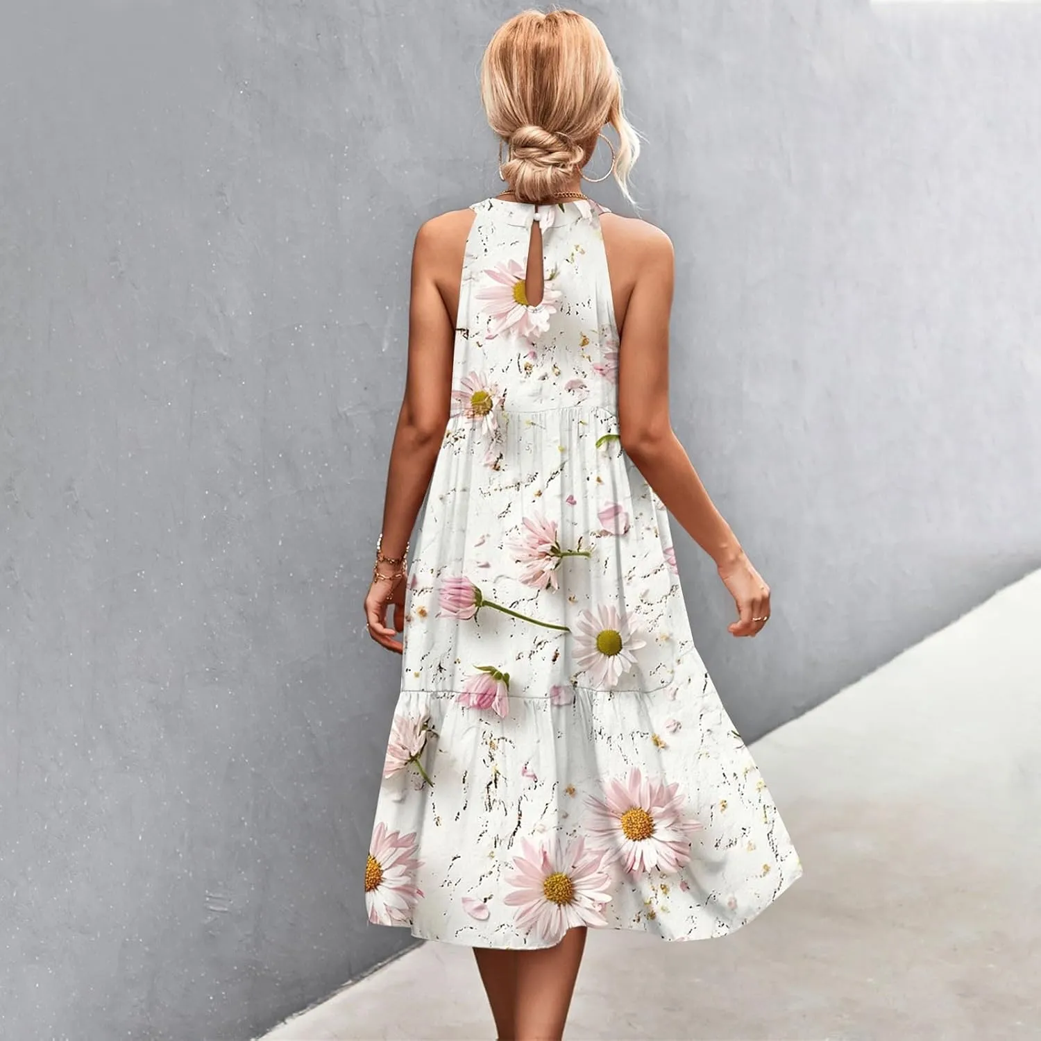 Azeralia Womens Spring Summer 2025 Sleeveless Casual Hanging Neck Beach Dresses Printed Loose Splicing Long Dress