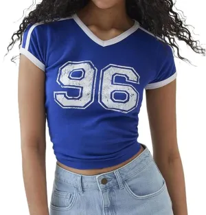 Baby Tee Women Y2k Short Sleeve Jersey Number Graphic Crop Top Slim Fit Crewneck Teen Girl Vintage Going Out Shirt