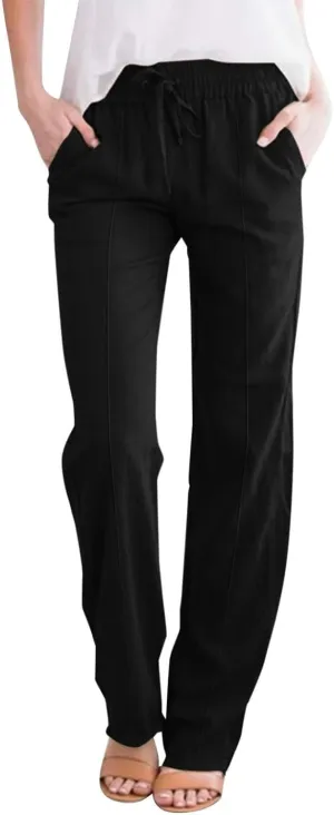 Baggy Linen Pants Women Drawstring High Waisted Straight Wide Leg Pants Lightweight Beach Trousers with Pockets