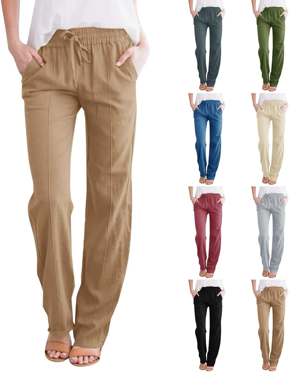 Baggy Linen Pants Women Drawstring High Waisted Straight Wide Leg Pants Lightweight Beach Trousers with Pockets
