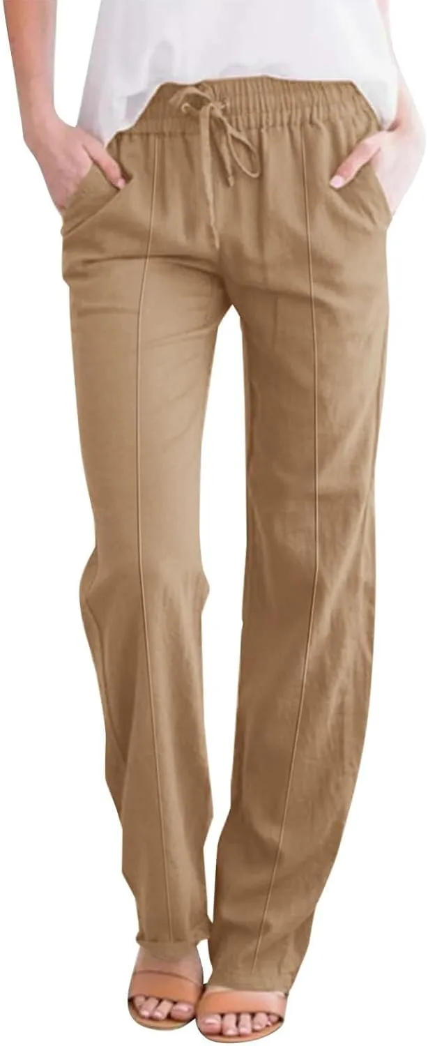 Baggy Linen Pants Women Drawstring High Waisted Straight Wide Leg Pants Lightweight Beach Trousers with Pockets
