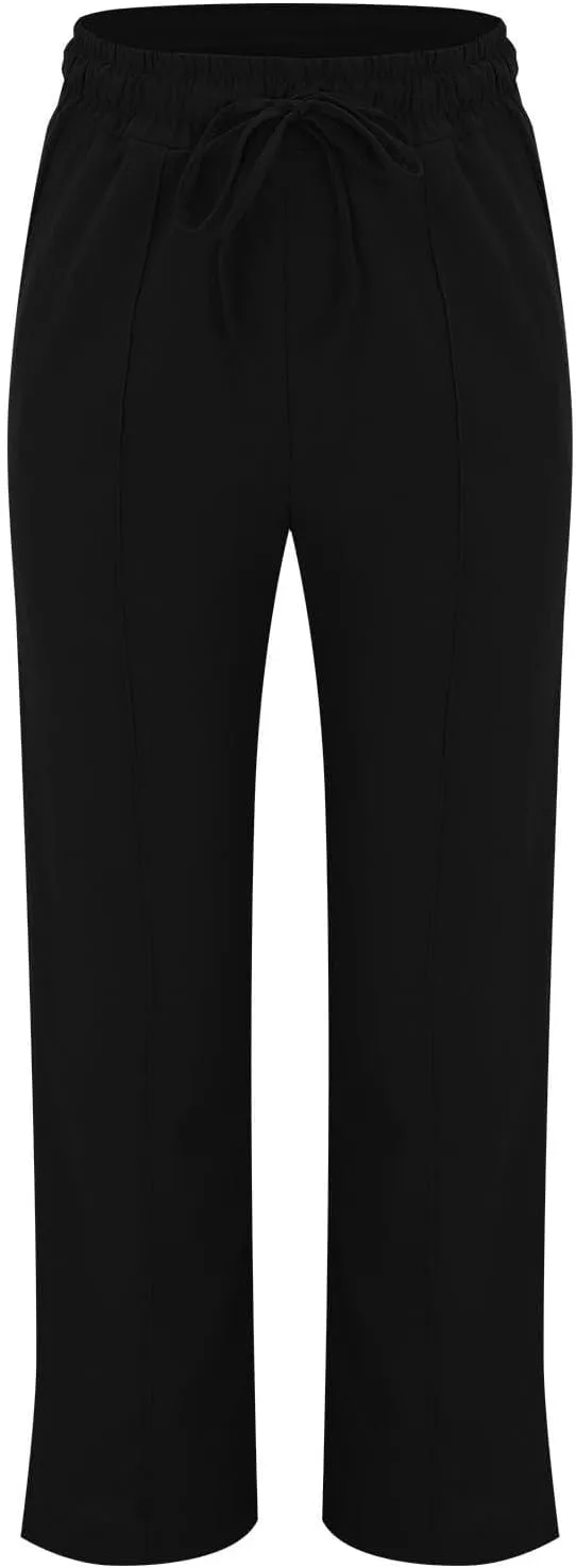 Baggy Linen Pants Women Drawstring High Waisted Straight Wide Leg Pants Lightweight Beach Trousers with Pockets
