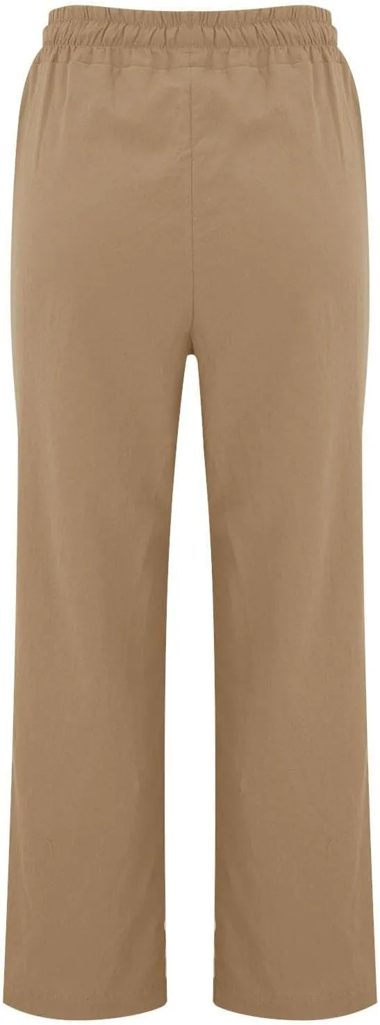 Baggy Linen Pants Women Drawstring High Waisted Straight Wide Leg Pants Lightweight Beach Trousers with Pockets