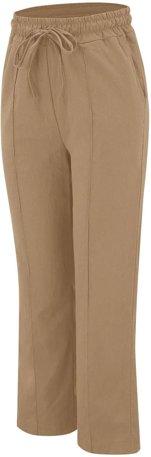 Baggy Linen Pants Women Drawstring High Waisted Straight Wide Leg Pants Lightweight Beach Trousers with Pockets