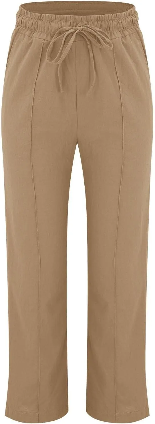 Baggy Linen Pants Women Drawstring High Waisted Straight Wide Leg Pants Lightweight Beach Trousers with Pockets
