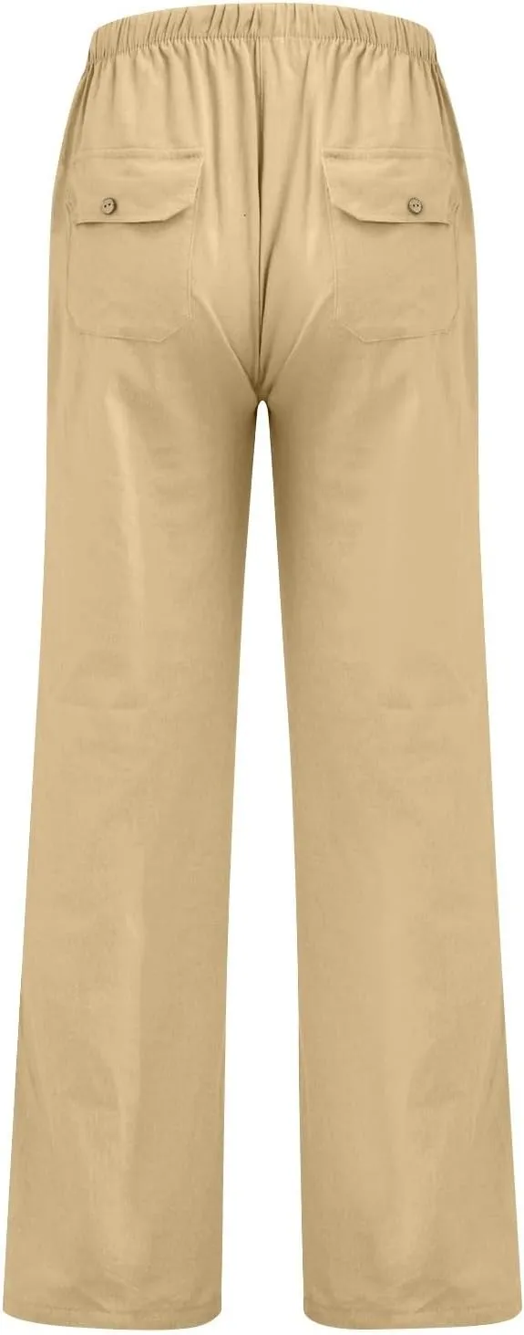 Baggy Linen Pants Women Plus Size 5XL Drawstring Elastic Palazzo Pants Summer Wide Leg Beach Trousers with Pockets