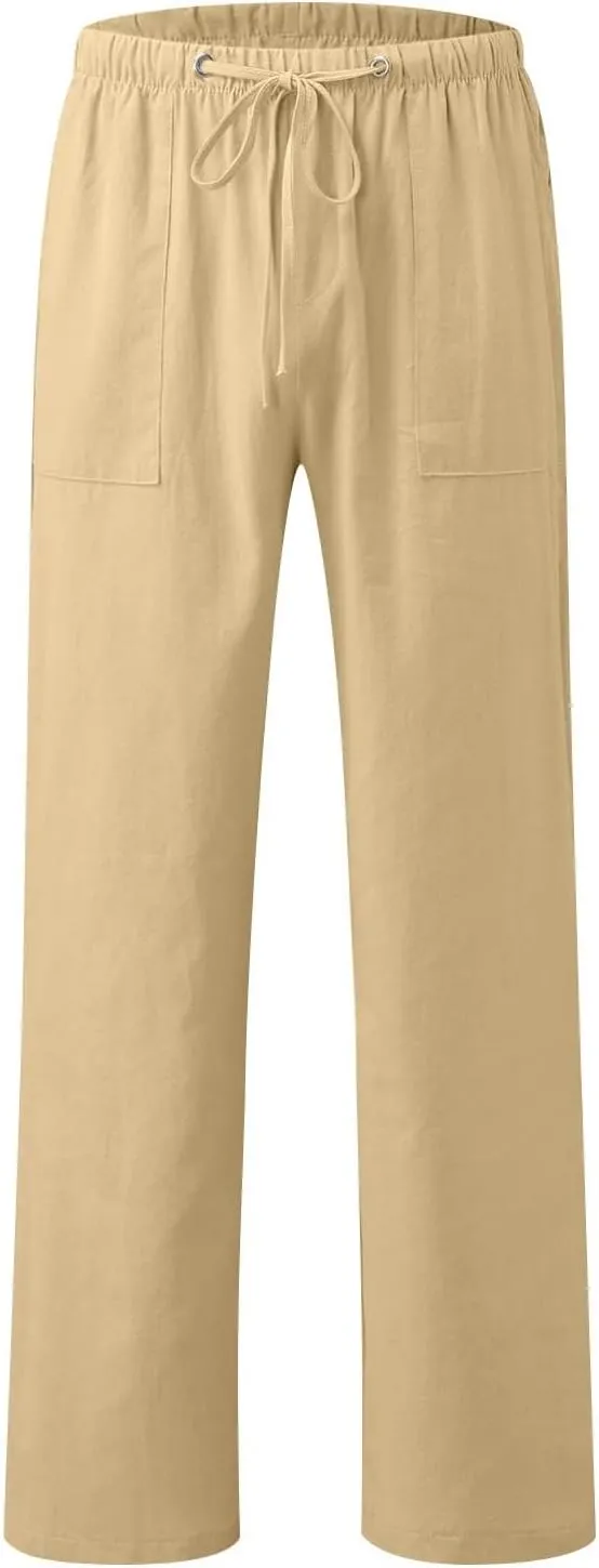Baggy Linen Pants Women Plus Size 5XL Drawstring Elastic Palazzo Pants Summer Wide Leg Beach Trousers with Pockets