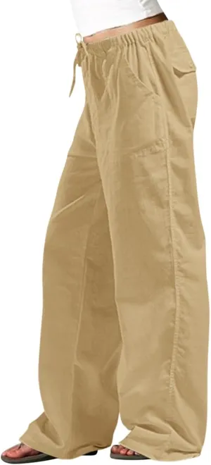 Baggy Linen Pants Women Plus Size 5XL Drawstring Elastic Palazzo Pants Summer Wide Leg Beach Trousers with Pockets