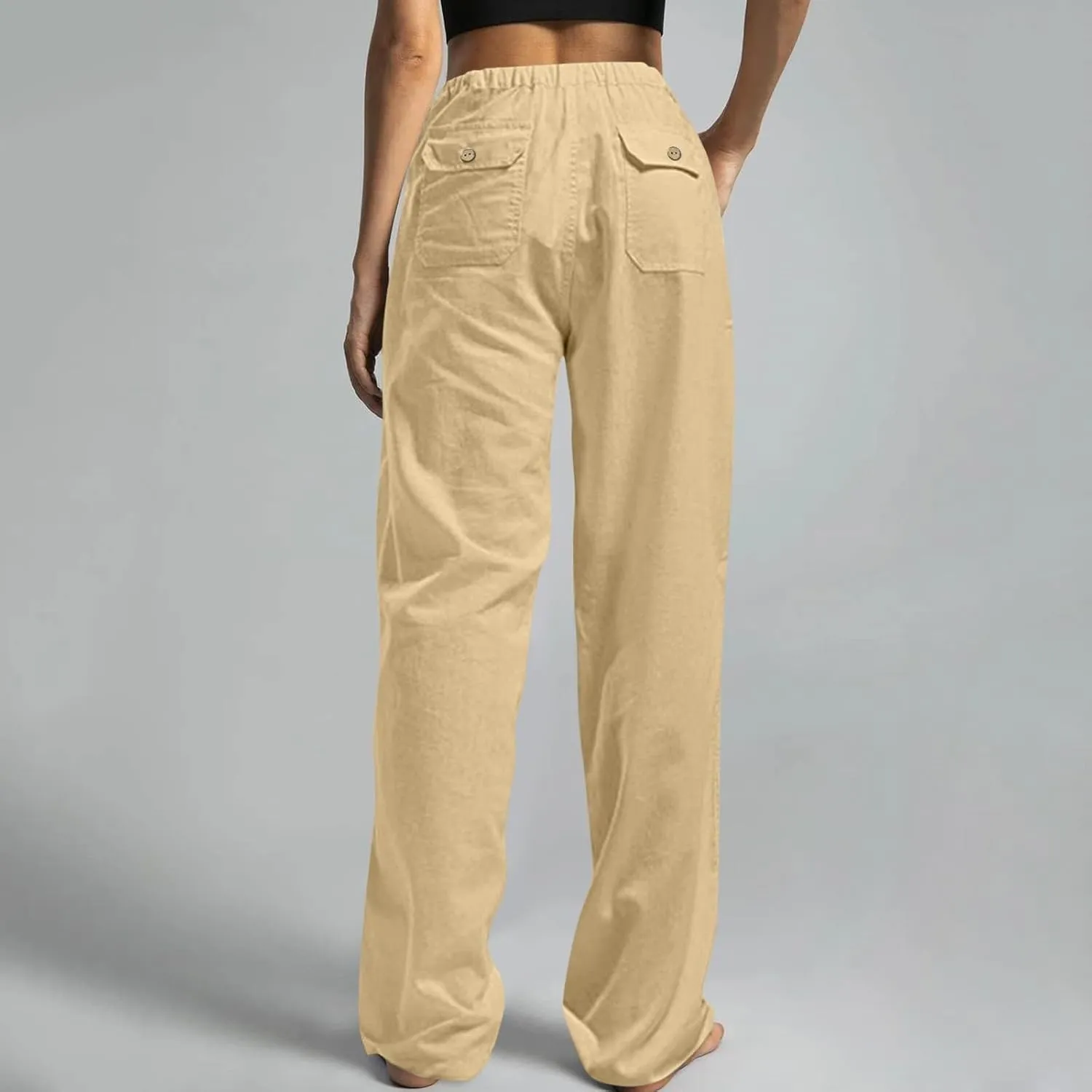 Baggy Linen Pants Women Plus Size 5XL Drawstring Elastic Palazzo Pants Summer Wide Leg Beach Trousers with Pockets
