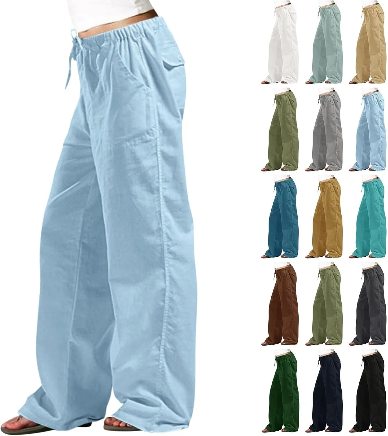 Baggy Linen Pants Women Plus Size 5XL Drawstring Elastic Palazzo Pants Summer Wide Leg Beach Trousers with Pockets
