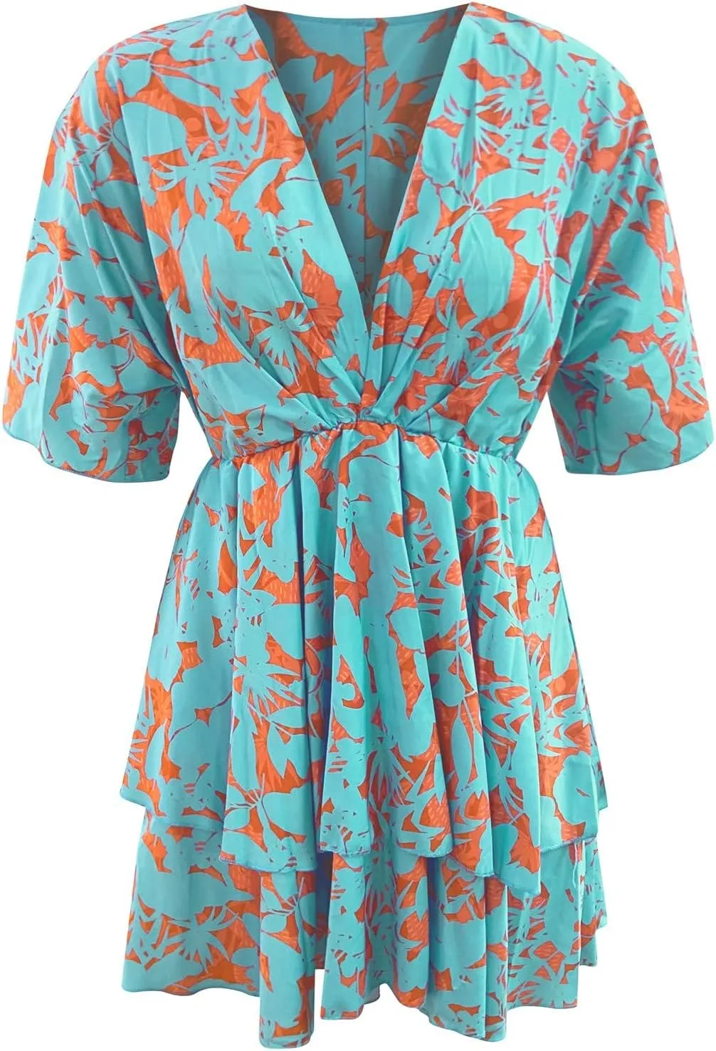 BAXLIMEK Beach Dresses for Women,2025 Elegant Deep V Neck Batwing Sleeve Mini Dress Flowy Ruched Tiered Print Vacation Dress
