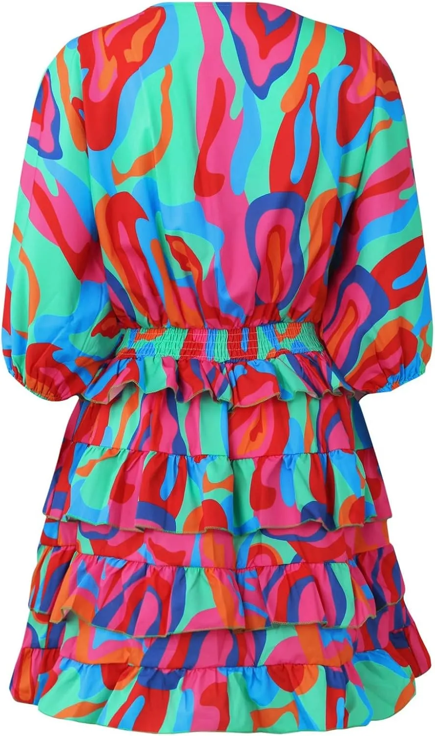 BAXLIMEK Beach Dresses for Women,2025 Elegant Deep V Neck Batwing Sleeve Mini Dress Flowy Ruched Tiered Print Vacation Dress
