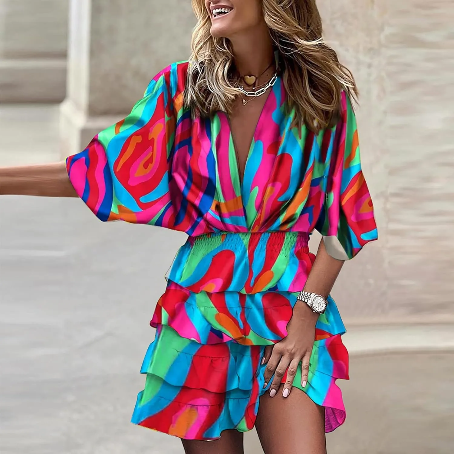 BAXLIMEK Beach Dresses for Women,2025 Elegant Deep V Neck Batwing Sleeve Mini Dress Flowy Ruched Tiered Print Vacation Dress