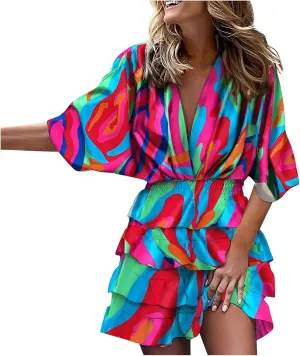 BAXLIMEK Beach Dresses for Women,2025 Elegant Deep V Neck Batwing Sleeve Mini Dress Flowy Ruched Tiered Print Vacation Dress