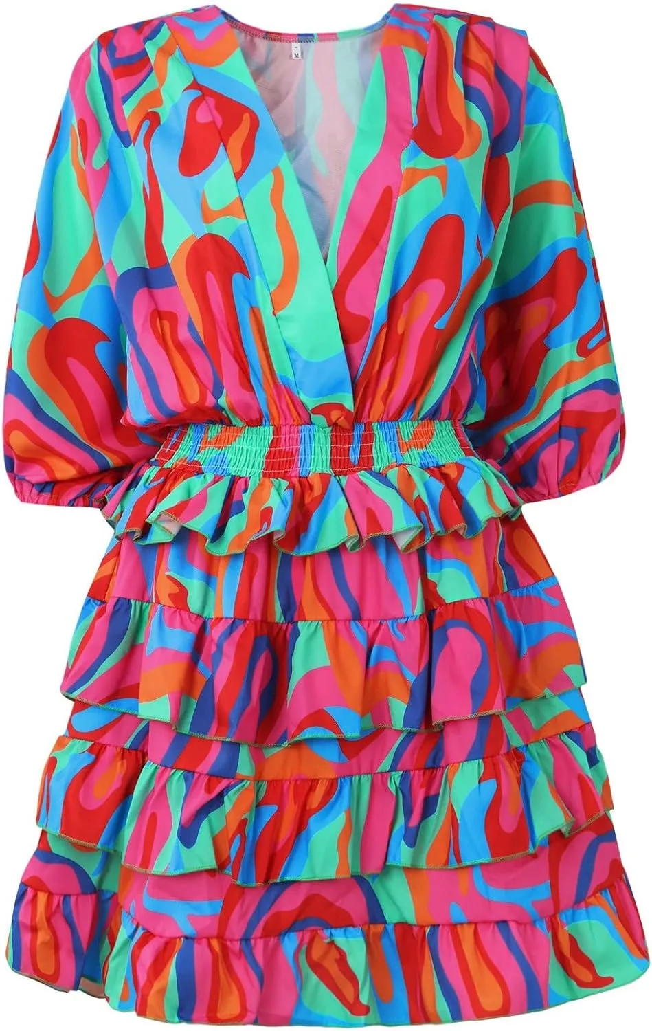 BAXLIMEK Beach Dresses for Women,2025 Elegant Deep V Neck Batwing Sleeve Mini Dress Flowy Ruched Tiered Print Vacation Dress