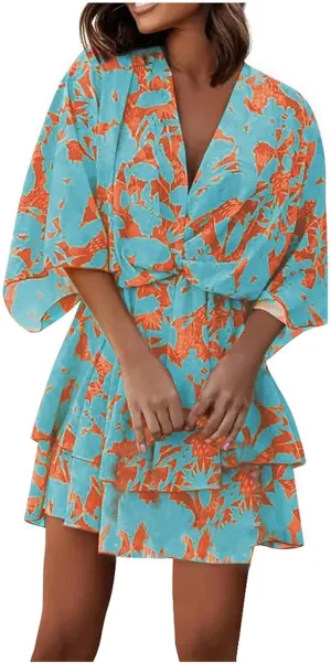 BAXLIMEK Beach Dresses for Women,2025 Elegant Deep V Neck Batwing Sleeve Mini Dress Flowy Ruched Tiered Print Vacation Dress