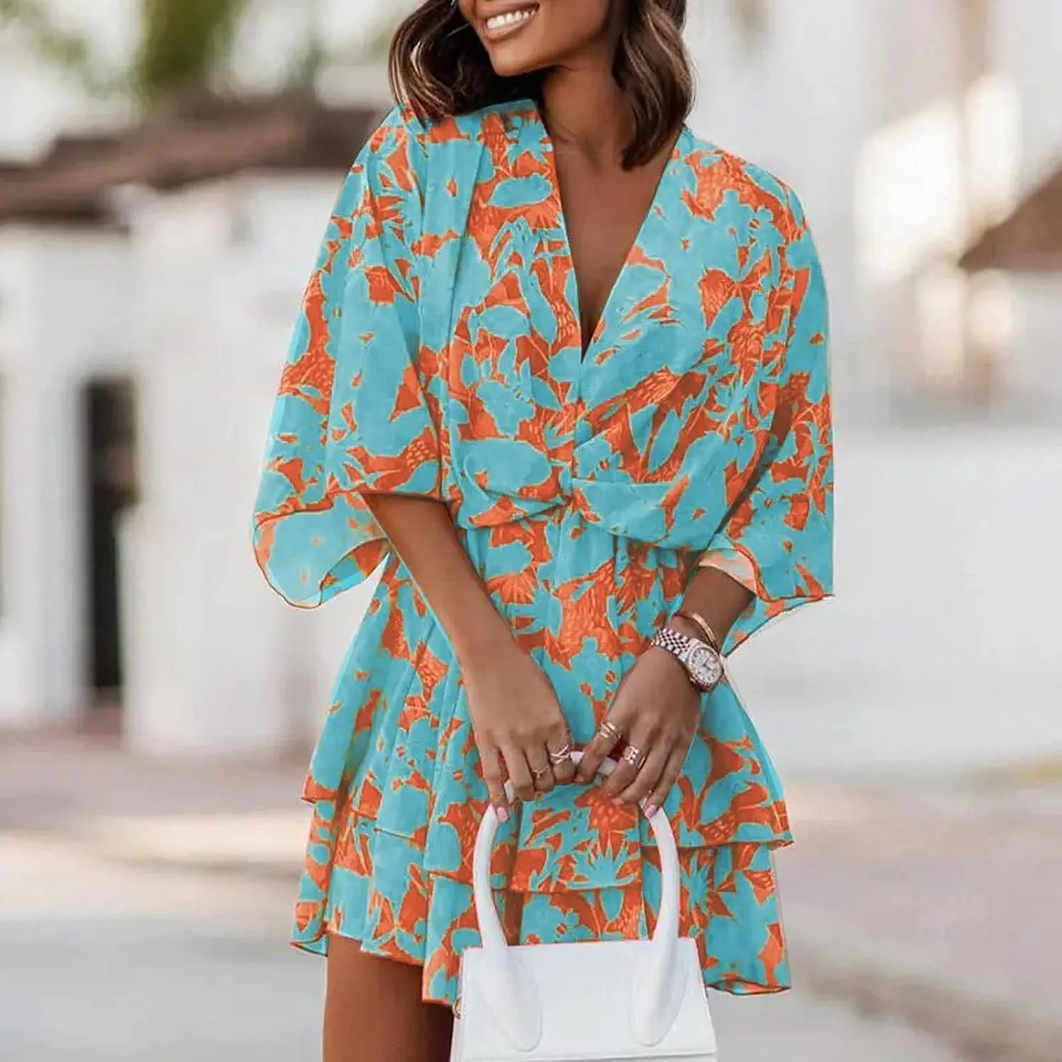 BAXLIMEK Beach Dresses for Women,2025 Elegant Deep V Neck Batwing Sleeve Mini Dress Flowy Ruched Tiered Print Vacation Dress