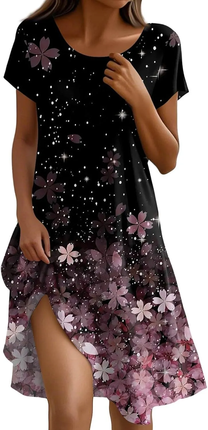 BAXLIMEK Beach Dresses for Women,2025 Summer Trendy Floral Print Boho Vacation Dress,Casual Short Sleeve Flowy Midi Dress