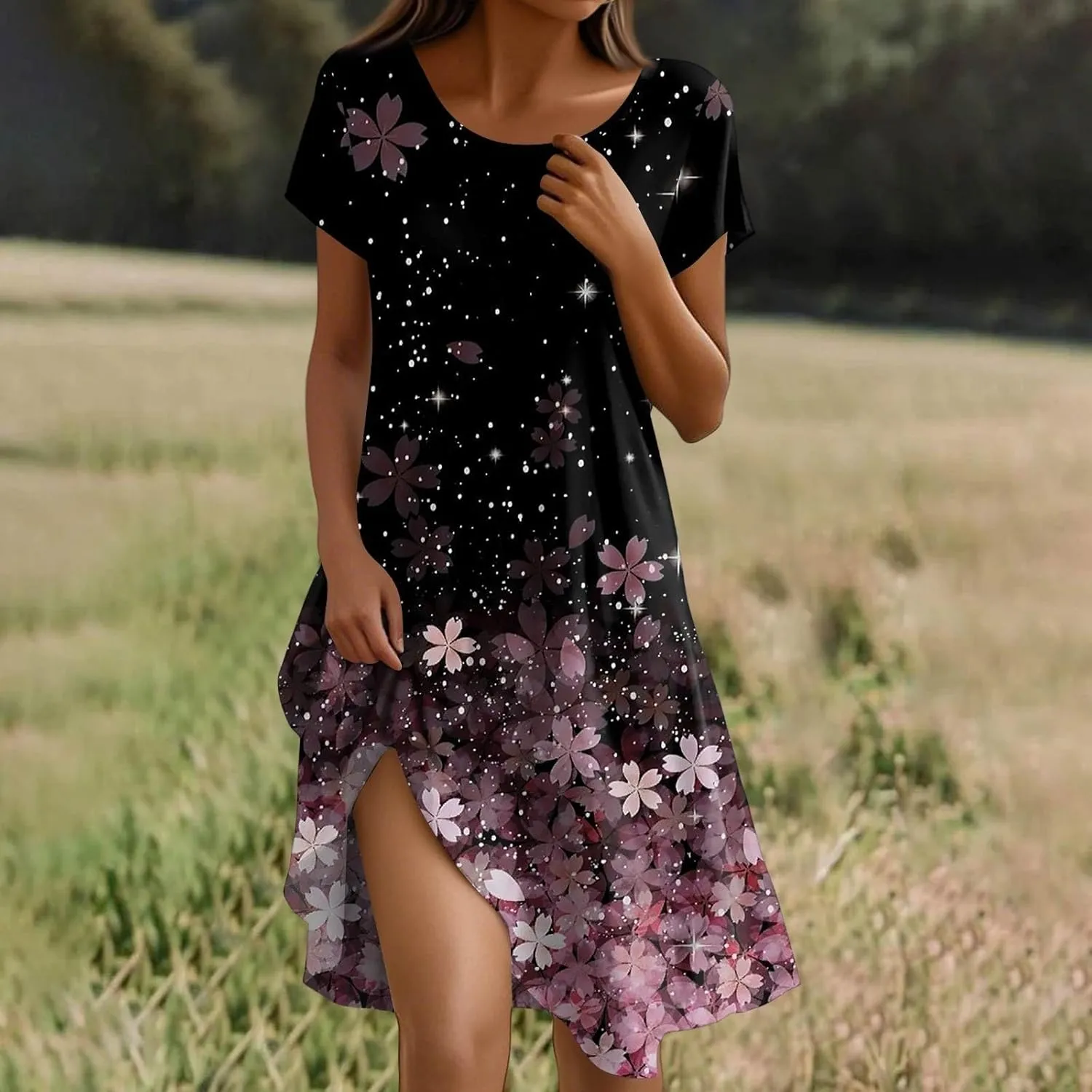 BAXLIMEK Beach Dresses for Women,2025 Summer Trendy Floral Print Boho Vacation Dress,Casual Short Sleeve Flowy Midi Dress