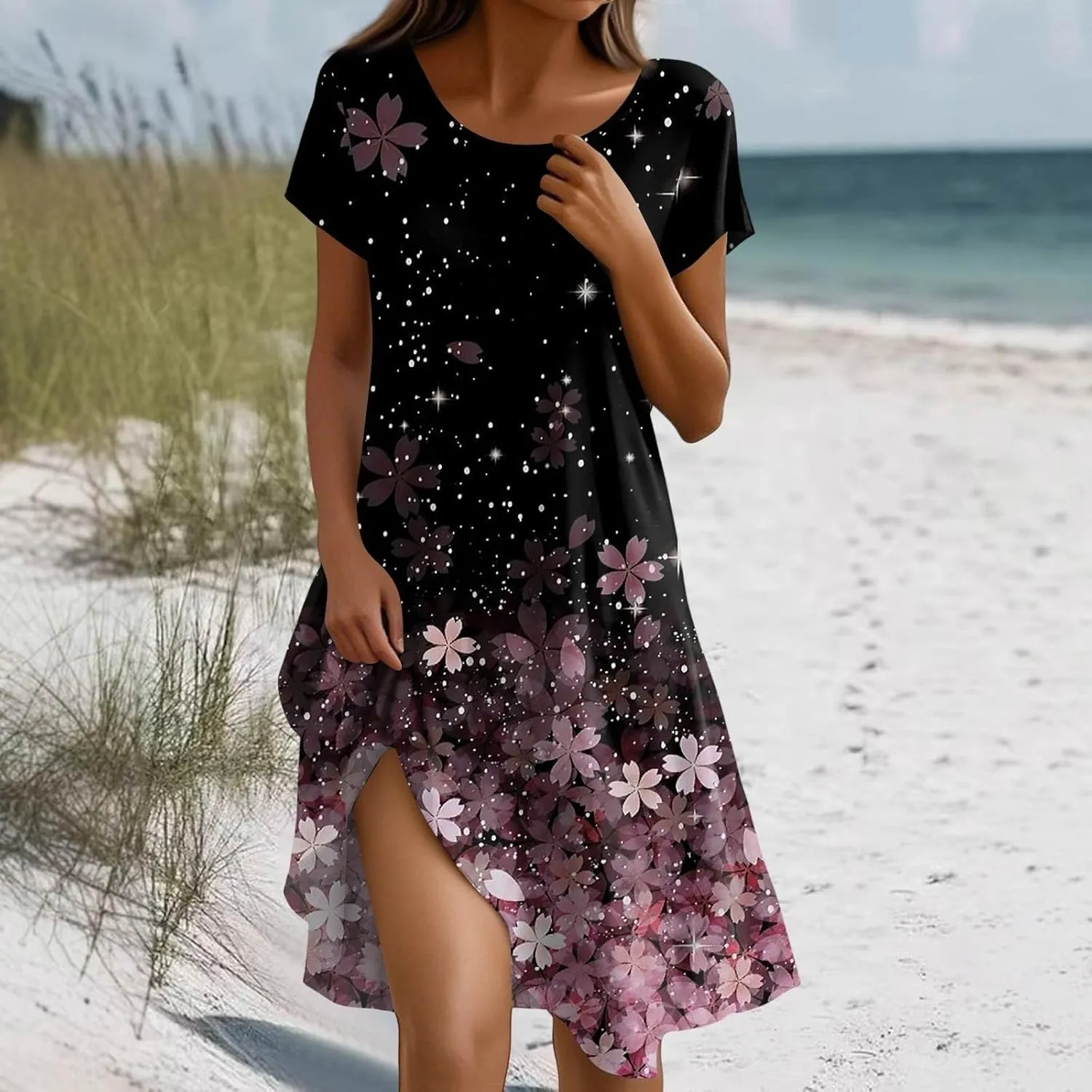 BAXLIMEK Beach Dresses for Women,2025 Summer Trendy Floral Print Boho Vacation Dress,Casual Short Sleeve Flowy Midi Dress