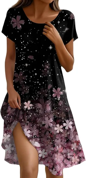 BAXLIMEK Beach Dresses for Women,2025 Summer Trendy Floral Print Boho Vacation Dress,Casual Short Sleeve Flowy Midi Dress