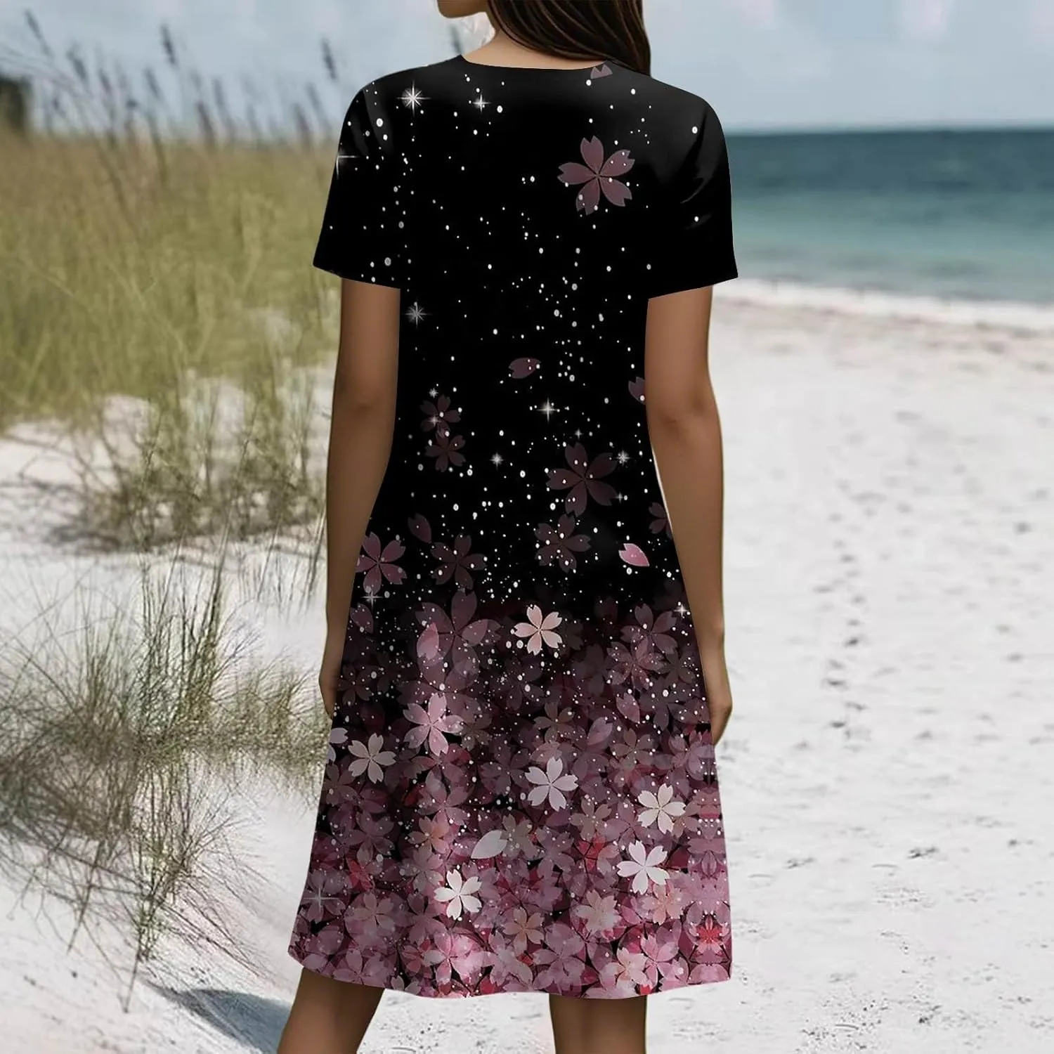 BAXLIMEK Beach Dresses for Women,2025 Summer Trendy Floral Print Boho Vacation Dress,Casual Short Sleeve Flowy Midi Dress