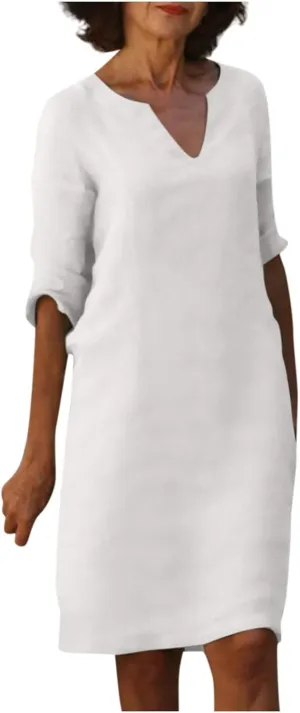 BAXLIMEK Cotton Linen Dresses for Women,2025 Spring Summer Casual V Neck 3/4 Sleeve Midi Dress,Elegant Plain Beach Dress