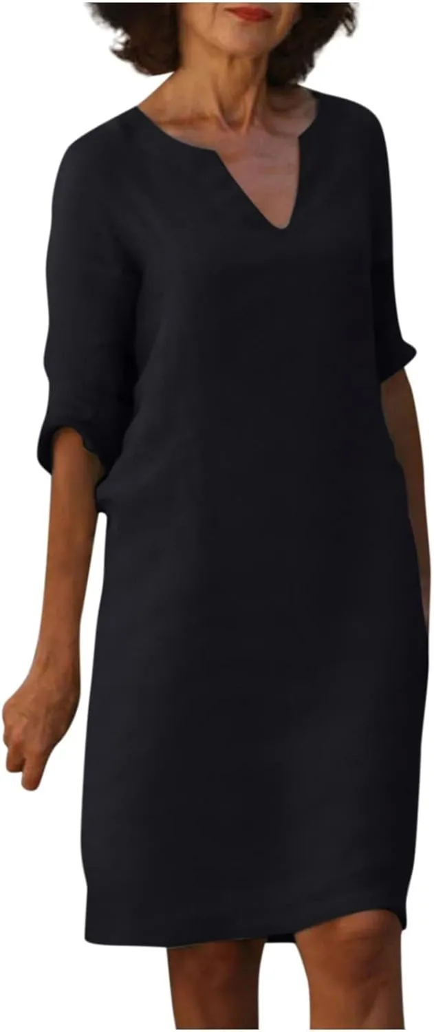 BAXLIMEK Cotton Linen Dresses for Women,2025 Spring Summer Casual V Neck 3/4 Sleeve Midi Dress,Elegant Plain Beach Dress