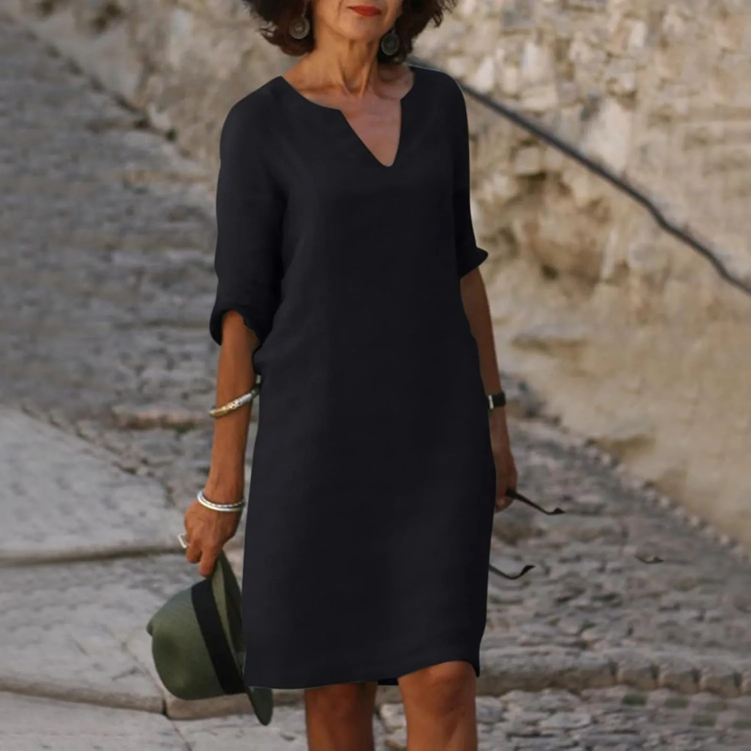 BAXLIMEK Cotton Linen Dresses for Women,2025 Spring Summer Casual V Neck 3/4 Sleeve Midi Dress,Elegant Plain Beach Dress