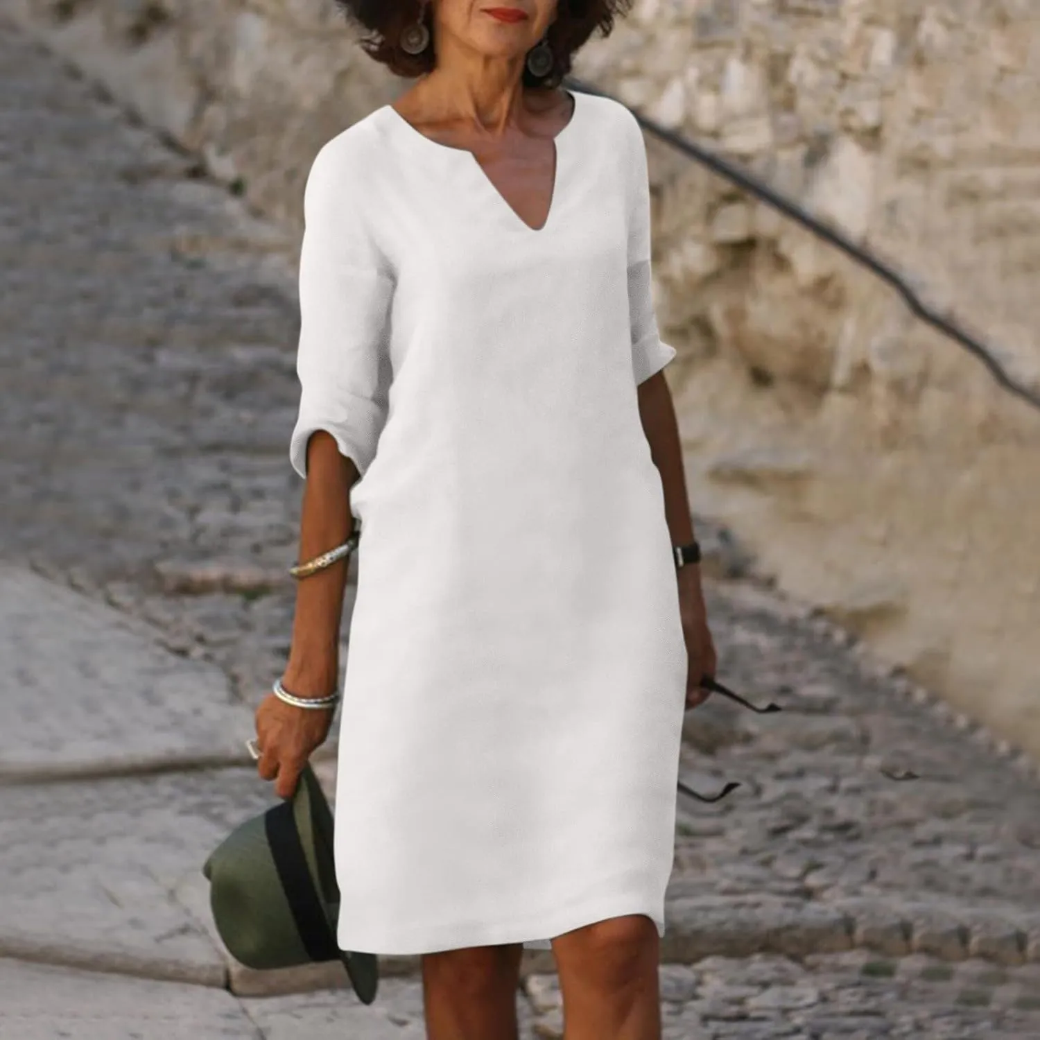 BAXLIMEK Cotton Linen Dresses for Women,2025 Spring Summer Casual V Neck 3/4 Sleeve Midi Dress,Elegant Plain Beach Dress