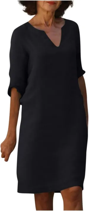 BAXLIMEK Cotton Linen Dresses for Women,2025 Spring Summer Casual V Neck 3/4 Sleeve Midi Dress,Elegant Plain Beach Dress