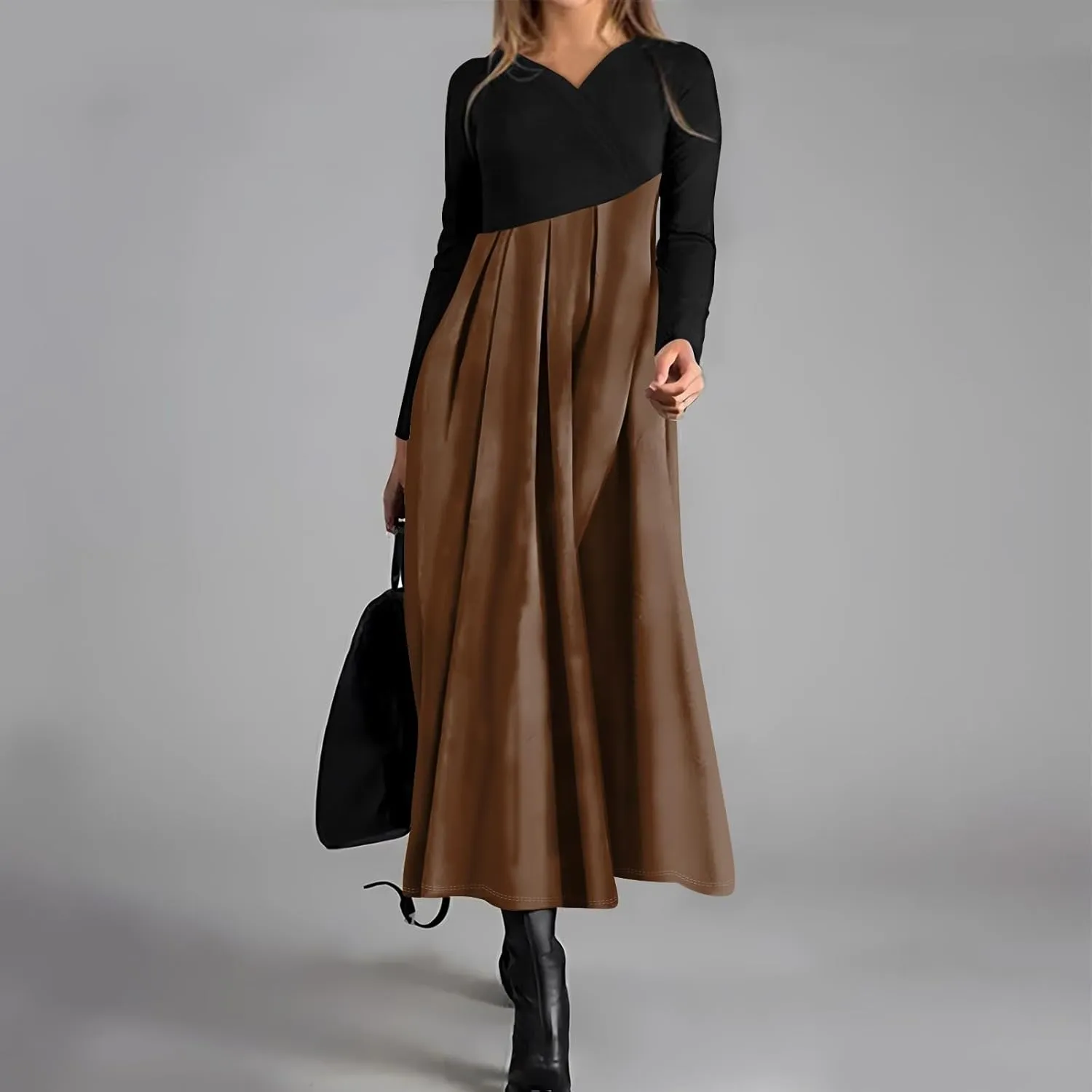 BAXLIMEK Long Sleeve Dresses for Women,2025 Spring Trendy V Neck Patchwork Maxi Dress Casual Loose Flowy Ruched Beach Dress