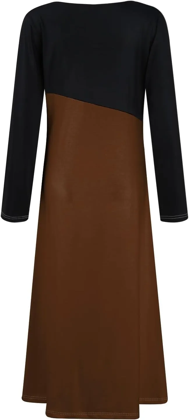 BAXLIMEK Long Sleeve Dresses for Women,2025 Spring Trendy V Neck Patchwork Maxi Dress Casual Loose Flowy Ruched Beach Dress