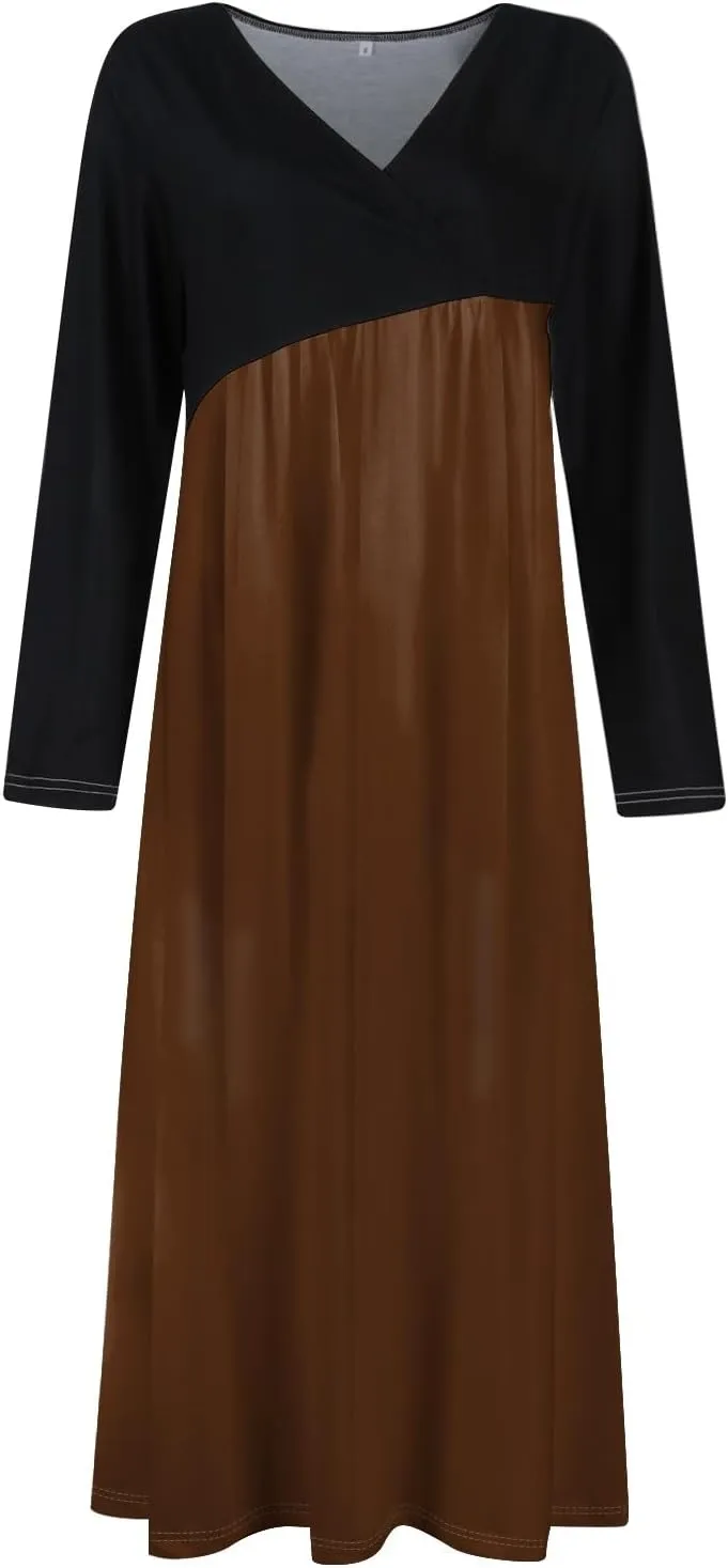 BAXLIMEK Long Sleeve Dresses for Women,2025 Spring Trendy V Neck Patchwork Maxi Dress Casual Loose Flowy Ruched Beach Dress