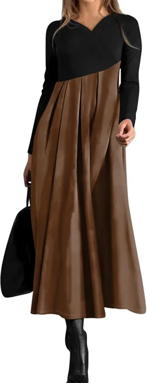 BAXLIMEK Long Sleeve Dresses for Women,2025 Spring Trendy V Neck Patchwork Maxi Dress Casual Loose Flowy Ruched Beach Dress