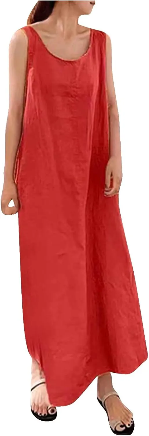 BAXLIMEK Maxi Dresses for Women,2023 Spring Summer Trendy Plain Cotton Linen Dress,Casual Boho Plus Size Beach Dress