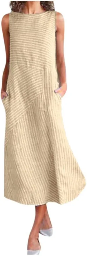 BAXLIMEK Maxi Dresses for Women,2023 Spring Summer Trendy Plain Cotton Linen Dress,Casual Boho Plus Size Beach Dress