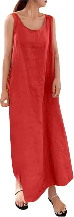 BAXLIMEK Maxi Dresses for Women,2023 Spring Summer Trendy Plain Cotton Linen Dress,Casual Boho Plus Size Beach Dress