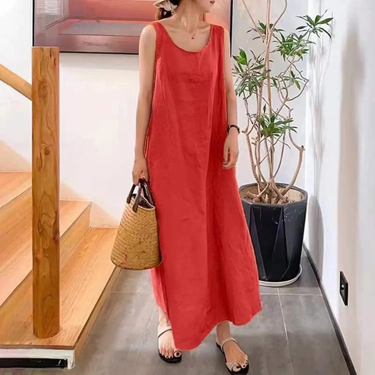 BAXLIMEK Maxi Dresses for Women,2023 Spring Summer Trendy Plain Cotton Linen Dress,Casual Boho Plus Size Beach Dress