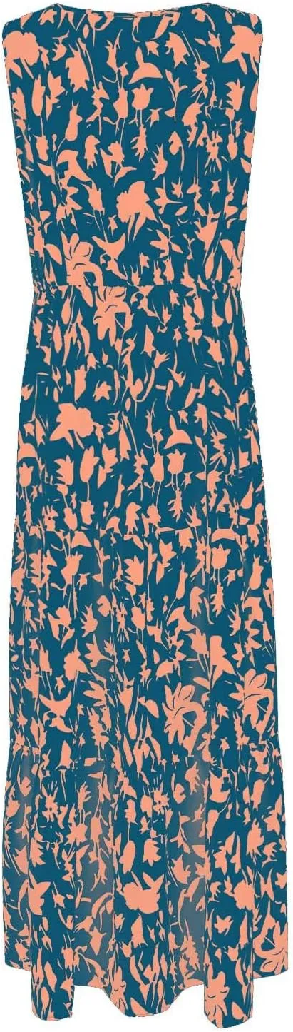 BAXLIMEK Maxi Dresses for Women,2025 Spring Summer Trendy Floral Print V Neck Sleeveless Boho Dress,Flowy Ruched Sundress