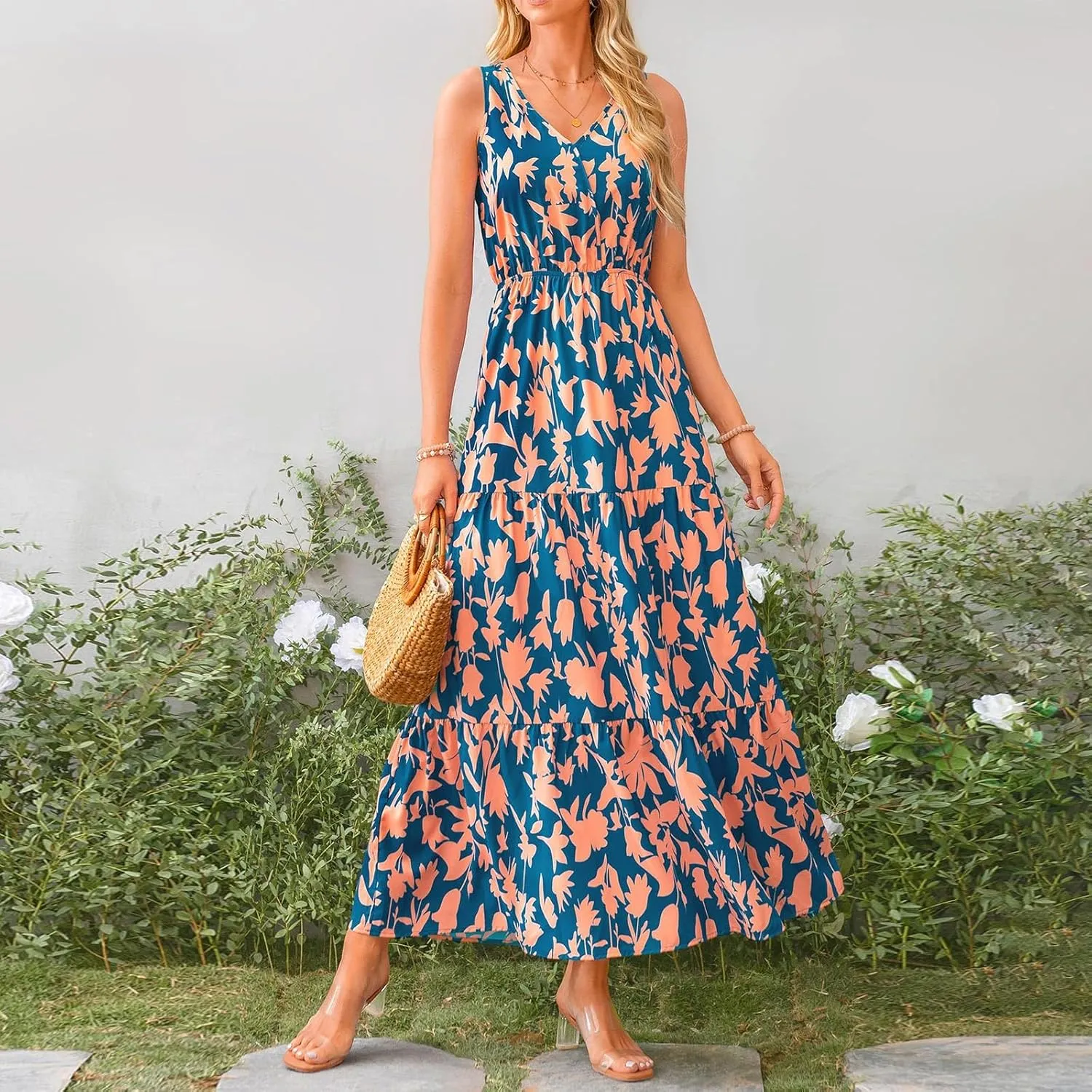 BAXLIMEK Maxi Dresses for Women,2025 Spring Summer Trendy Floral Print V Neck Sleeveless Boho Dress,Flowy Ruched Sundress