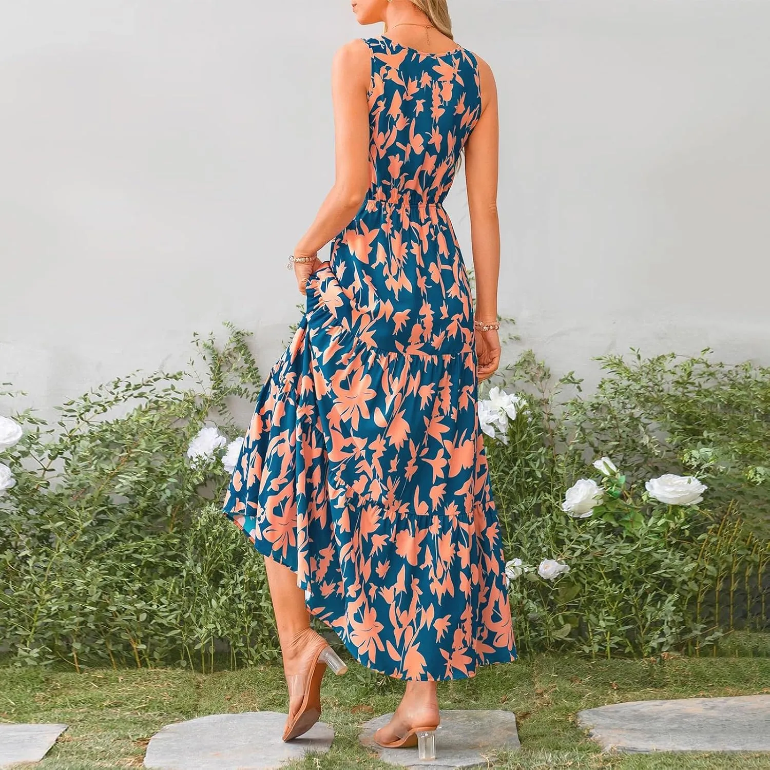 BAXLIMEK Maxi Dresses for Women,2025 Spring Summer Trendy Floral Print V Neck Sleeveless Boho Dress,Flowy Ruched Sundress