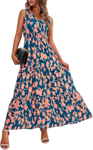 BAXLIMEK Maxi Dresses for Women,2025 Spring Summer Trendy Floral Print V Neck Sleeveless Boho Dress,Flowy Ruched Sundress