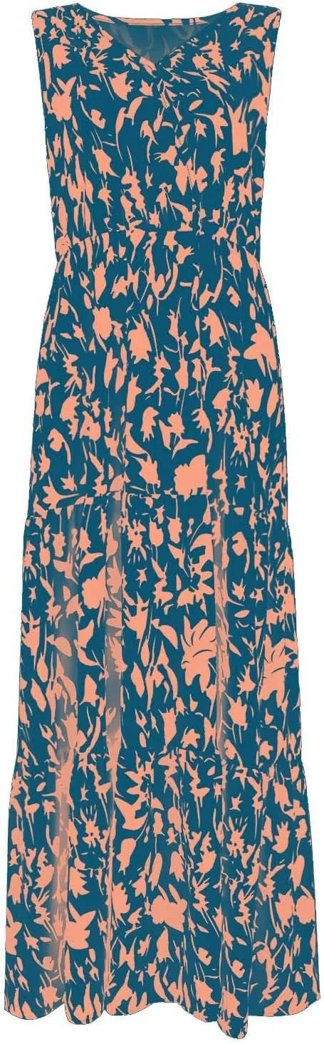 BAXLIMEK Maxi Dresses for Women,2025 Spring Summer Trendy Floral Print V Neck Sleeveless Boho Dress,Flowy Ruched Sundress